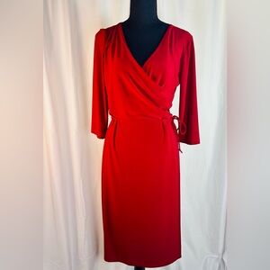 Vibrant Red V-Neck Wrap Dress Midi 3/4 Sleeve Stretch